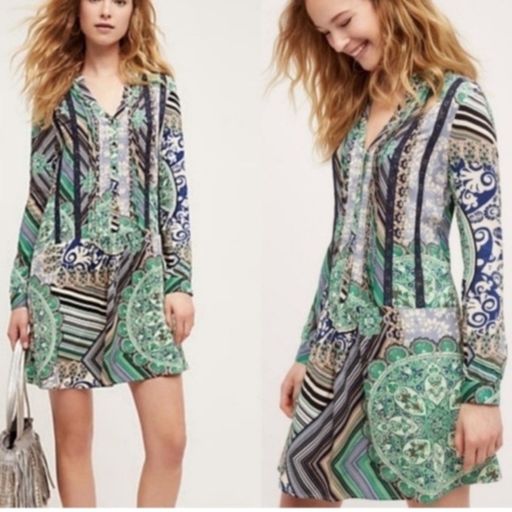 Anthropologie Tiny Caviana mixed print drop waist boho relaxed fit shirt dress S
